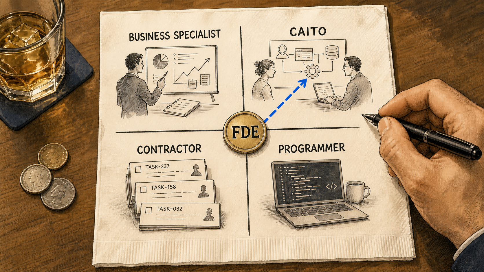 A hand-drawn FDE quadrant on a bar napkin, with FDE at the center and Business Specialist, CAITO, Contractor, and Programmer around it.